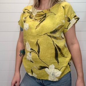 Short Sleeve Linen Floral Blouse - Yellow